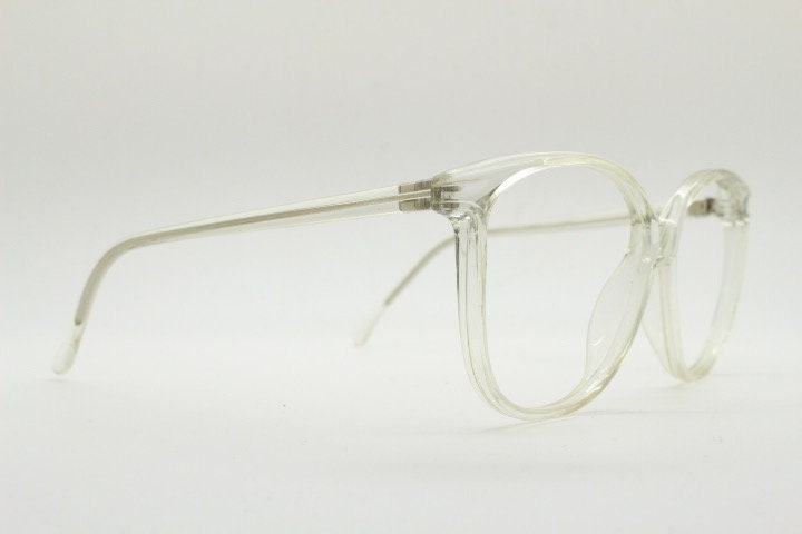80s vintage oversized round cat eye glasses. Transparent clear crystal optical frame. Prescription RX spectacles. Clean NOS cateye