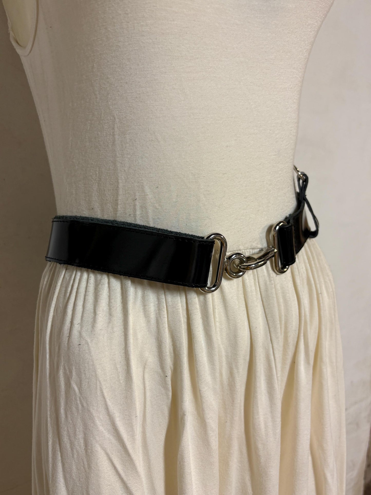 90s vintage womens shiny fetish army style belt made in Italy. Black patent leather with shoulder  strap attachments. Kinky costume. NOS