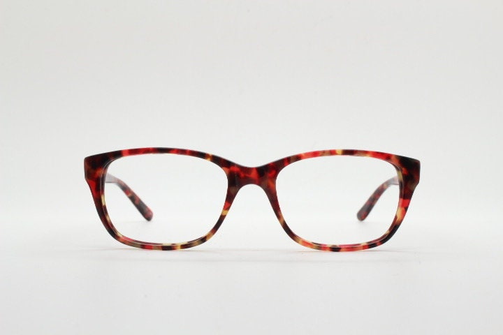 Anna Sui modified wayfarer design eye glasses. Superb marbled acetate optical frames with red tones. Prescription RX vintage eyeglasses