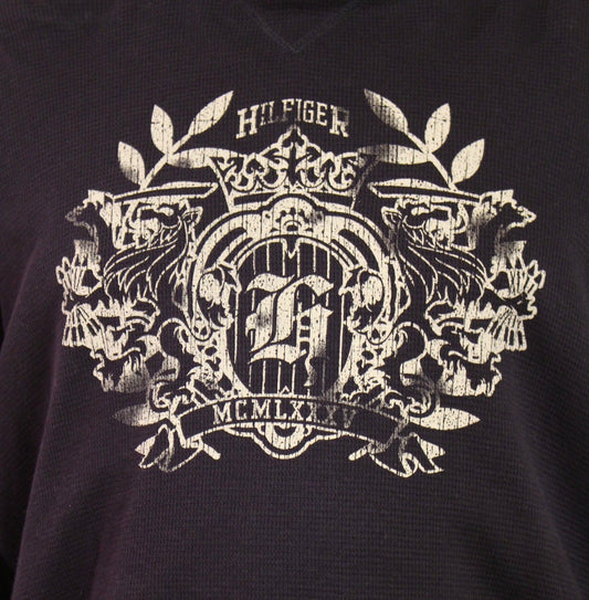 Tommy Hilfiger vintage pullover . Plain navy XL crew neck sweatshirt with big heritage crest print. Round neck oversized jumper