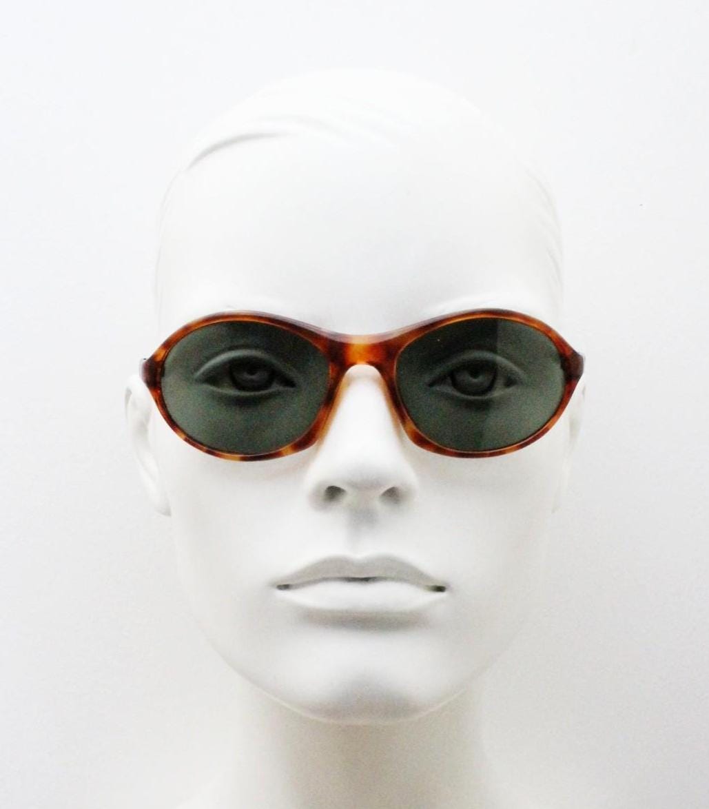 90s vintage oval small bug eye sunglasses. Tortoise gloss frame with quality real green glass lenses