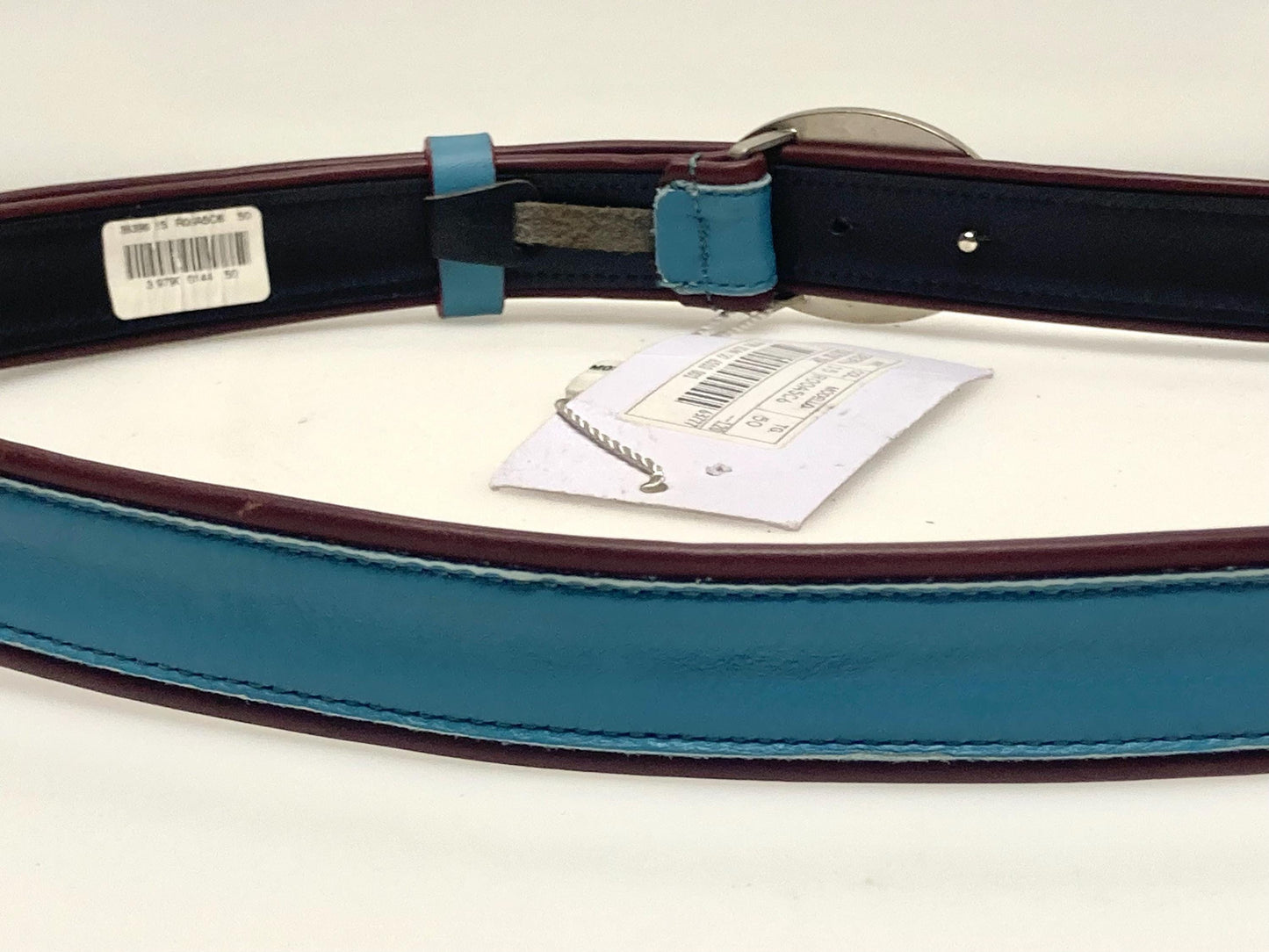 Moschino 90s vintage womens dress belt in oxblood and blue genuine leather with oval enamelled metal buckle. Made in Italy. BNWT. NOS