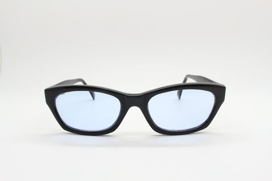 80s vintage rectangular sunglasses. Low profile 60s design black gloss frame with extra light tone sky blue lenses. BNWT Unused NOS