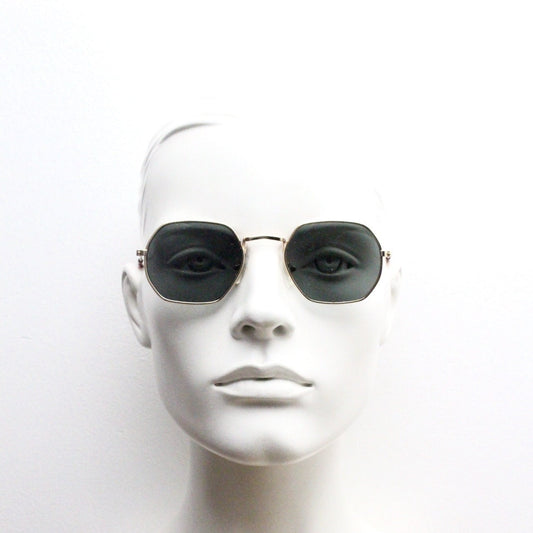 90s vintage hexagon sunglasses. Low profile slim gold 60s design frame with flat green lenses Octagon