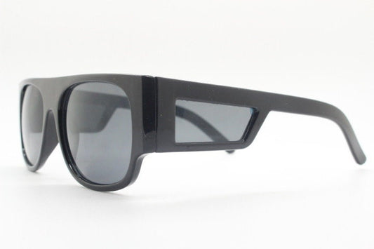 Y2K vintage rectangular side panel sunglasses. Black gloss frame with grey lenses and side window spoilers / blinkers. 2000s NOS goggle