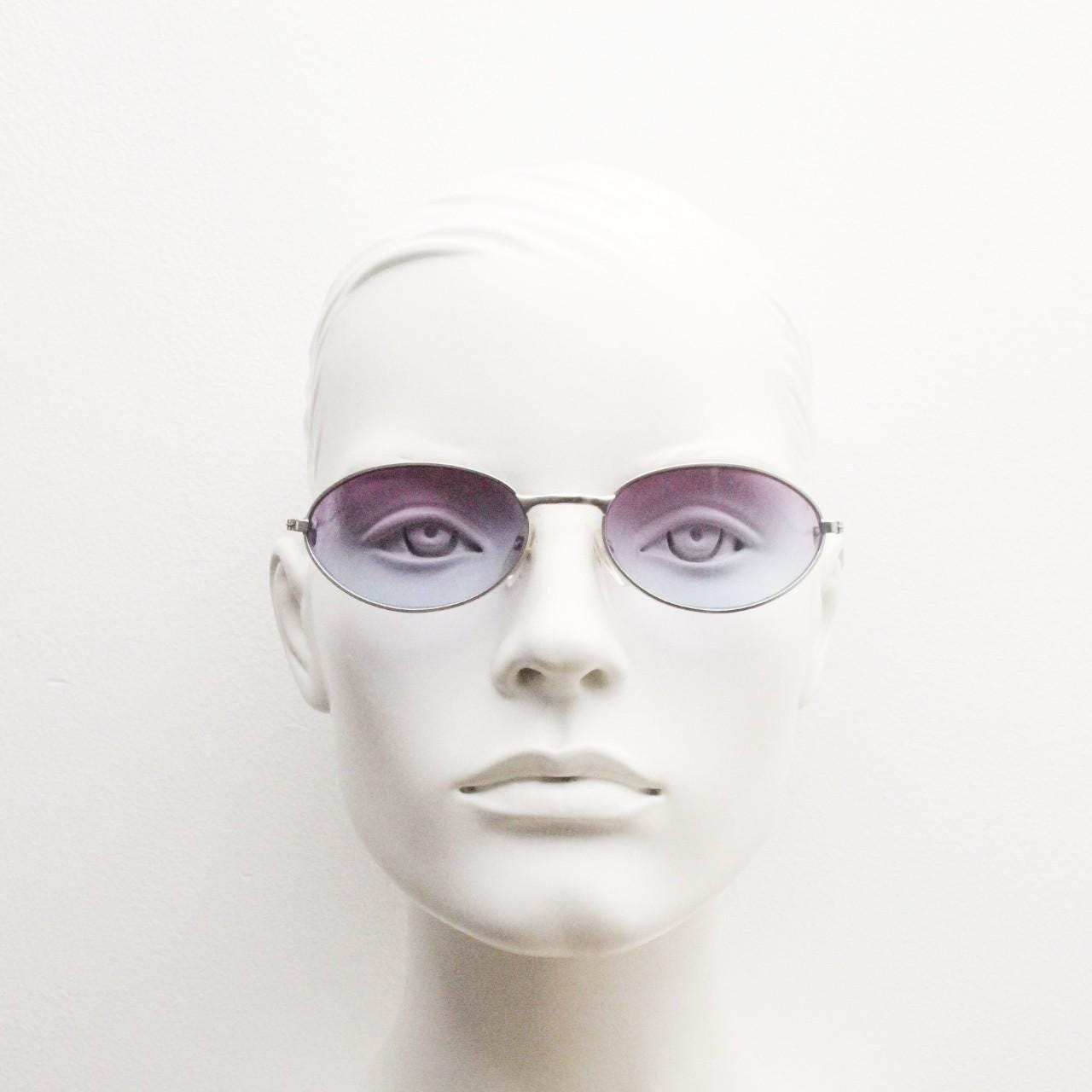 90s vintage small bug eye oval sunglasses. Silver satin frame with impressive pink to blue ombre graduating lenses. Y2K. 2000s. Unworn NOS