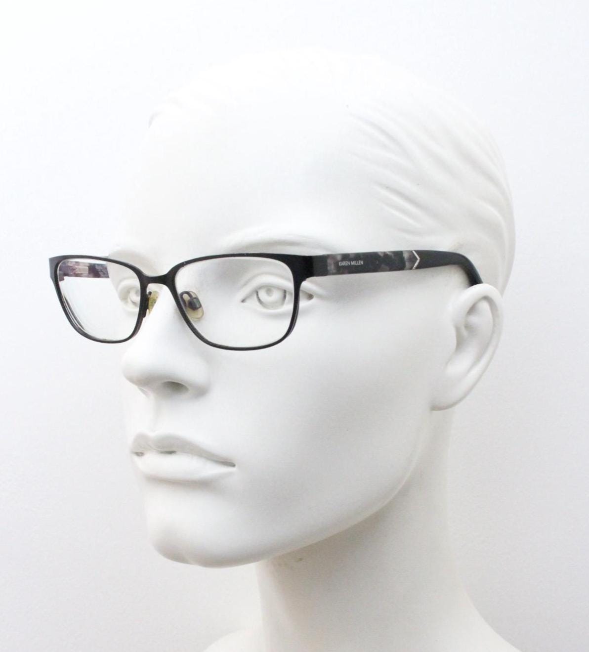 Karen Millen vintage rectangular cat eye glasses. Black satin finish metal front with grey marbled arms. Optical frames. Womens prescription