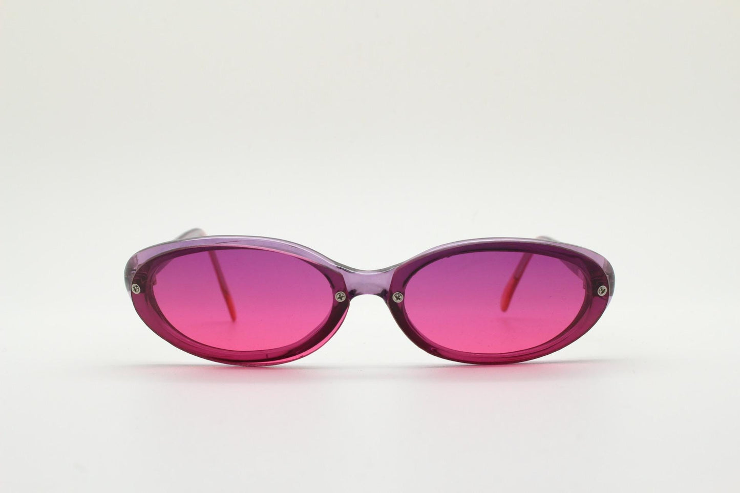 Vintage 90s oval cat eye sunglasses. Low profile Womens transparent purple frame with intense pink lenses. Rockabilly cateye. Unused NOS