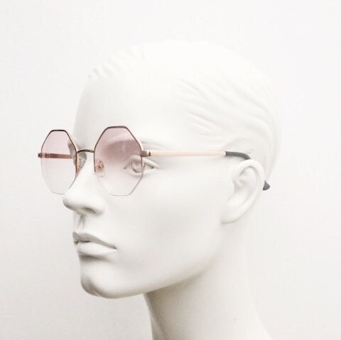 90s vintage octagon sunglasses. Blue 8 sided 60s design glasses with minimal half frame and gold arms. Hexagon. Unused NOS