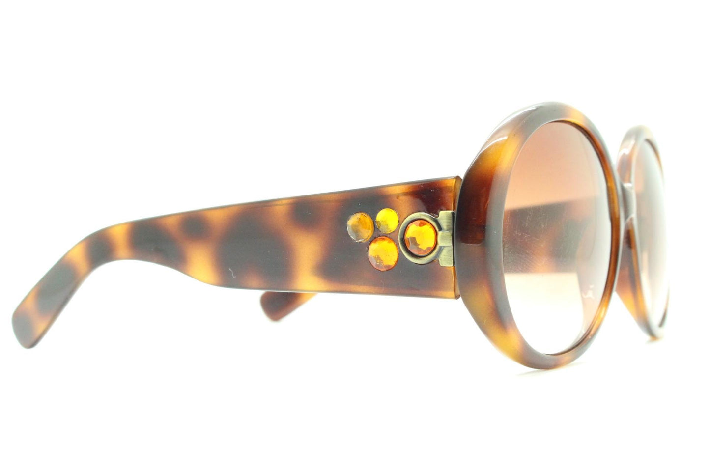 90s vintage round sunglasses. 60s style thick honey tortoise frame with graduating lenses and amber diamantes. Rhinestone. Unused NOS