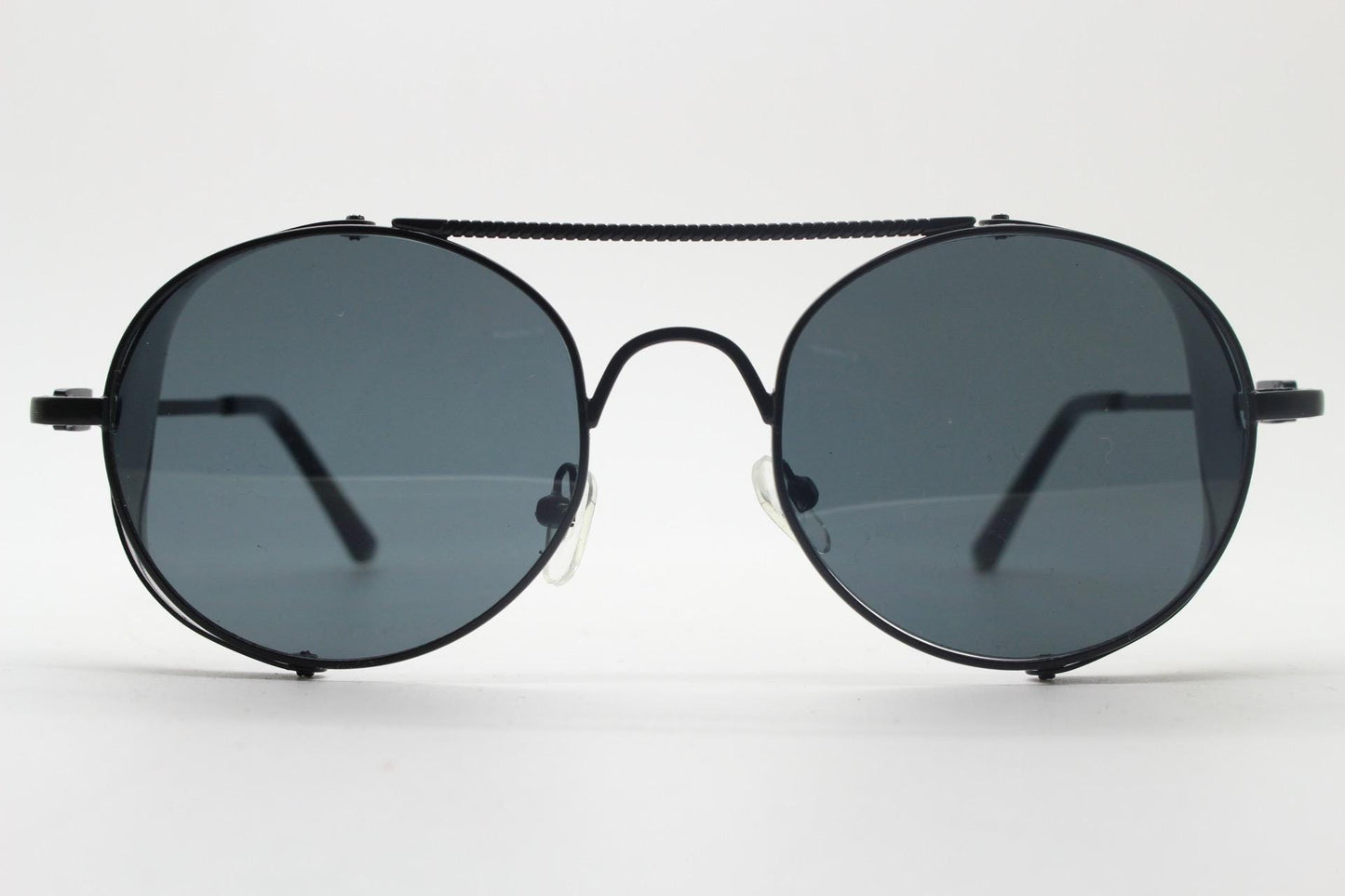 90s vintage round goggle sunglasses. All metal black satin frame with folding side blinkers. Spoilers. Steampunk. Cosplay. NOS