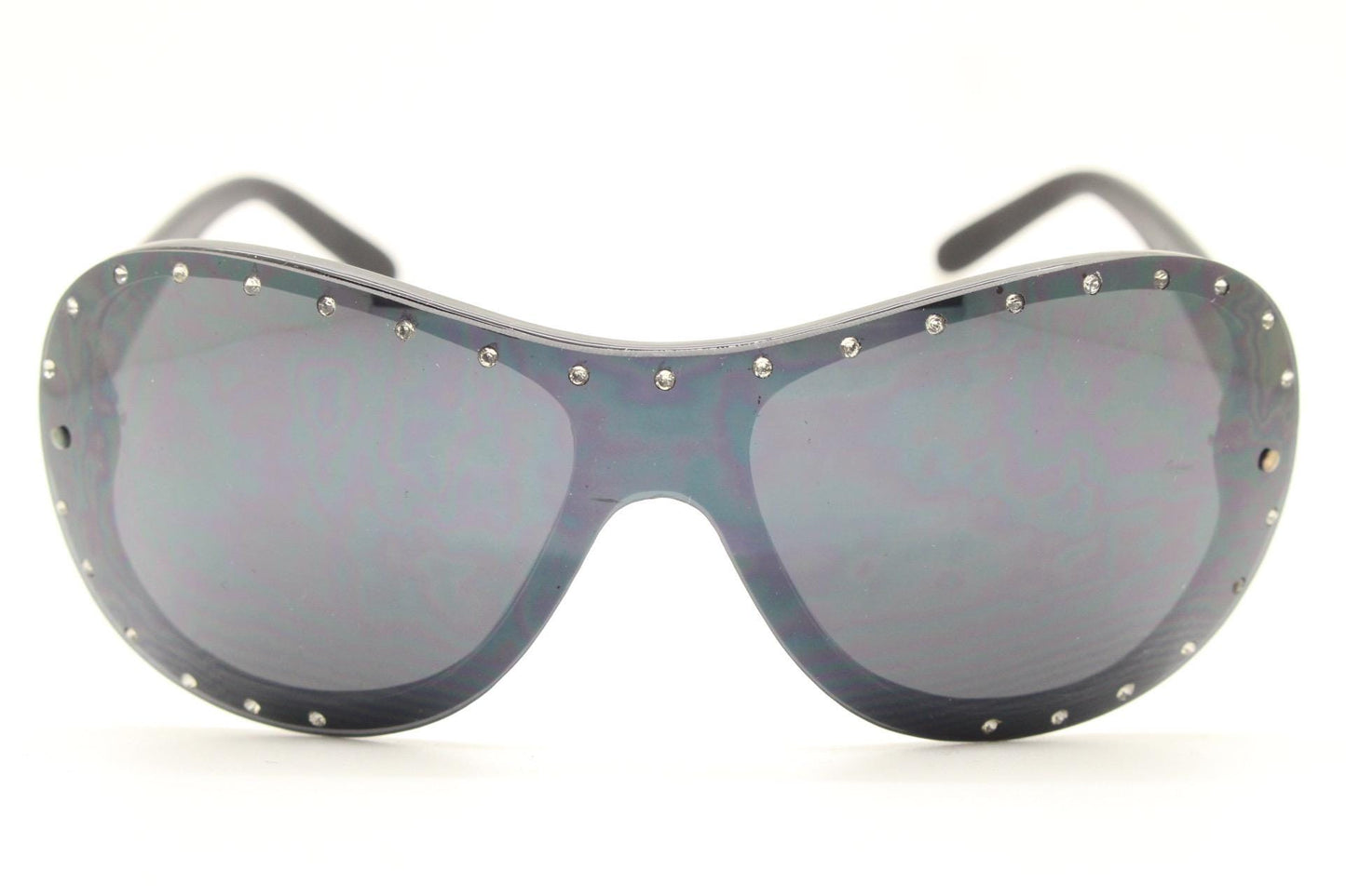 Y2K vintage visor aviator sunglasses with diamante. Black wrap around mini mask shield design with curved mono lens. 2000s NOS. Rhinestone