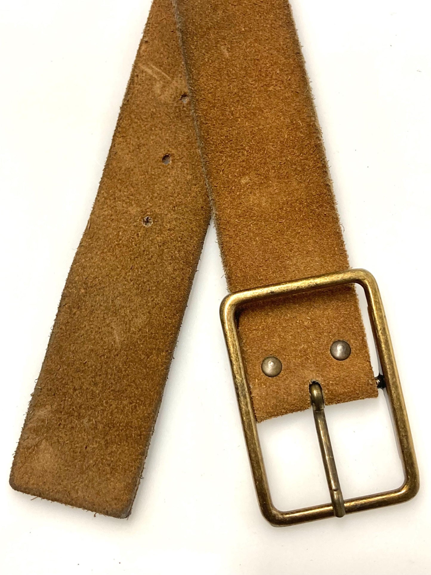60s vintage thick brown suede 2" belt with large brass buckle. Made from genuine supple cowhide leather for jeans or trousers. Mens. Hippy