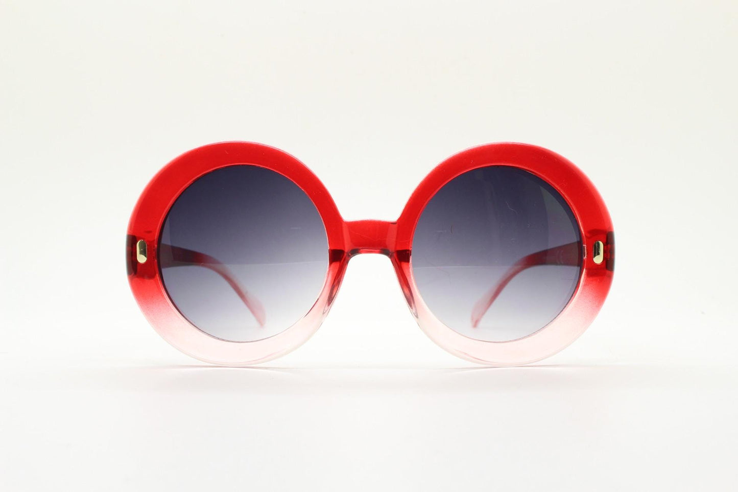 Y2k vintage oversized round sunglasses. Women's big 60s mod design transparent red to clear ombre frame with smoky black lenses. Unused BNWT