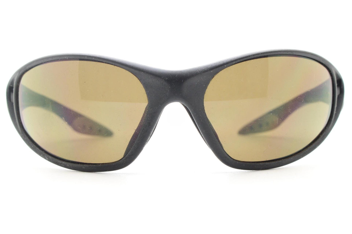 Y2K vintage sport shield aerodynamic sunglasses. All black rubber finish wraparound bug eye visor with brown lenses. 2000's. 90s