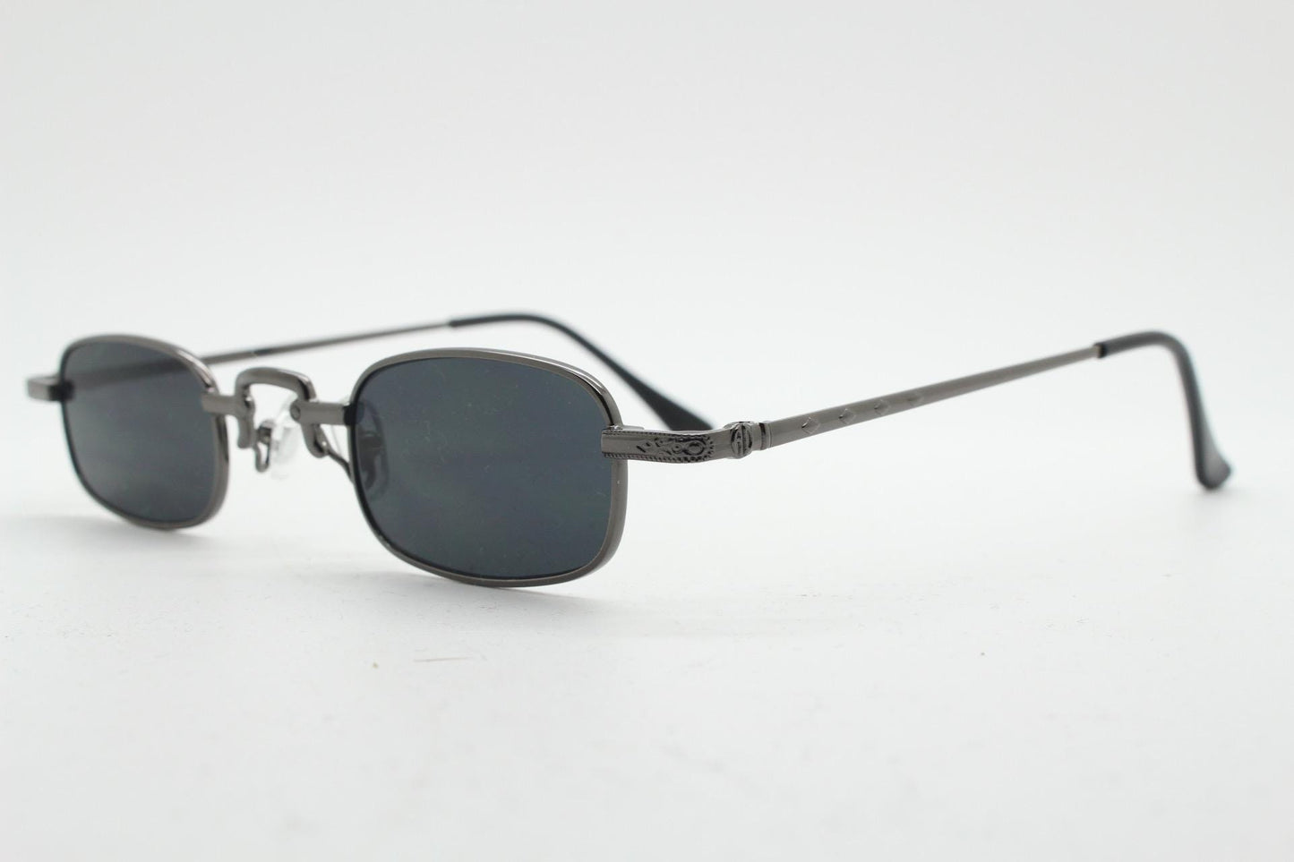 90s vintage small rectangular sunglasses. Imposing minimal gunmetal grey victorian style frame with black lenses. Steampunk. Unused NOS