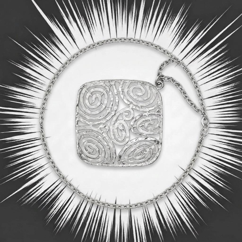 60s vintage large silver square pendant necklace made in England. Satin and matt finish with swirling paisley cut out shapes. Womens. NOS