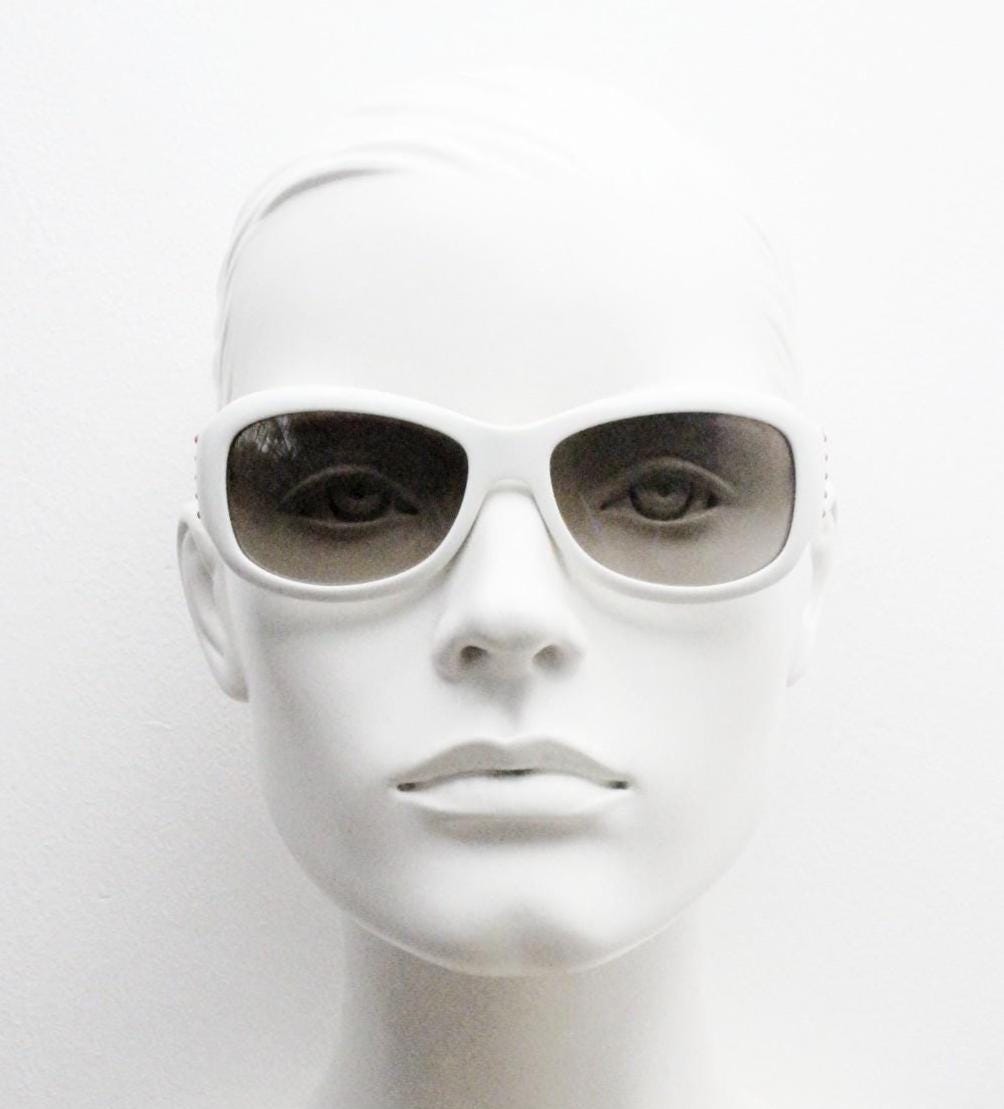 Valentino Y2k vintage wrap around bug eye sunglasses. Curving white acetate shield frame with orange and diamante stones. 2000s. Rhinestone