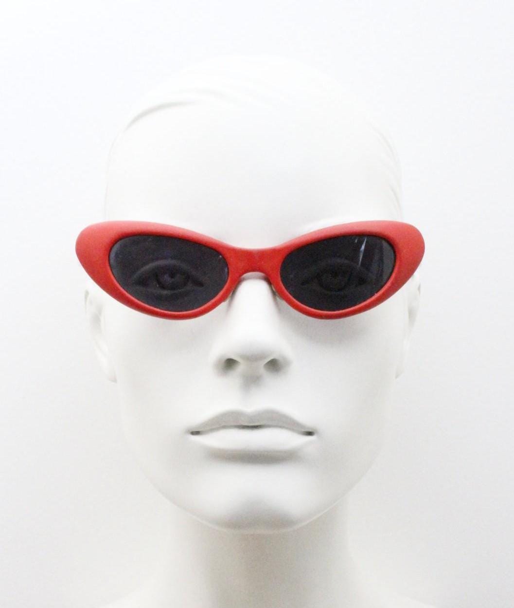 Vintage 80s oval cat eye sunglasses. Dynamic red rubber front with black gloss arms. Hyper real cosplay cateye. New wave punk