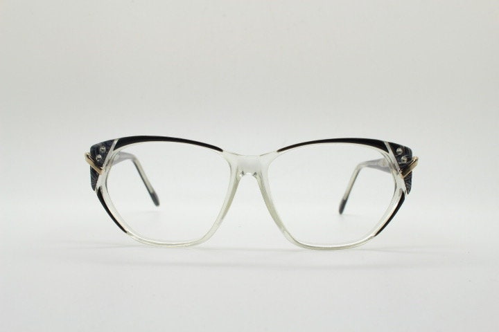 Jean Louis Scherrer 80s vintage cat eye glasses made in France. marbled grey / clear acetate optical frame. Diamante RX prescription cateye