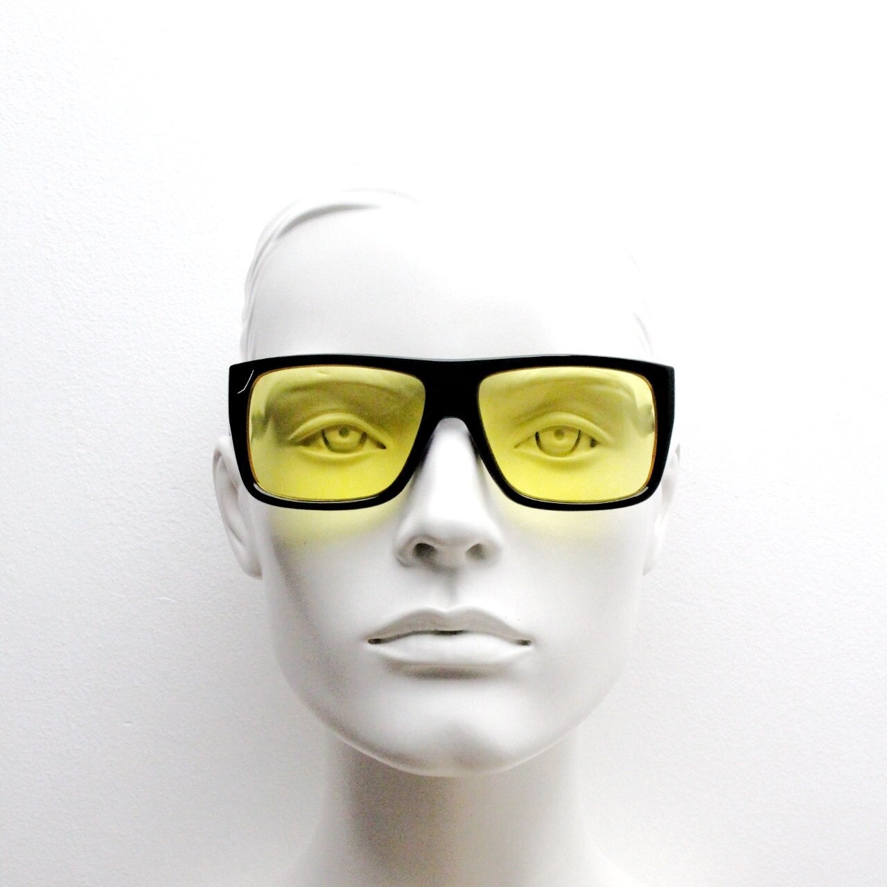 Y2K vintage square modified aviator sunglasses. Classic 70s style aviators in black gloss frame with bright yellow lenses. Unused NOS