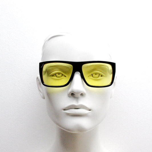 Y2K vintage square modified aviator sunglasses. Classic 70s style aviators in black gloss frame with bright yellow lenses. Unused NOS