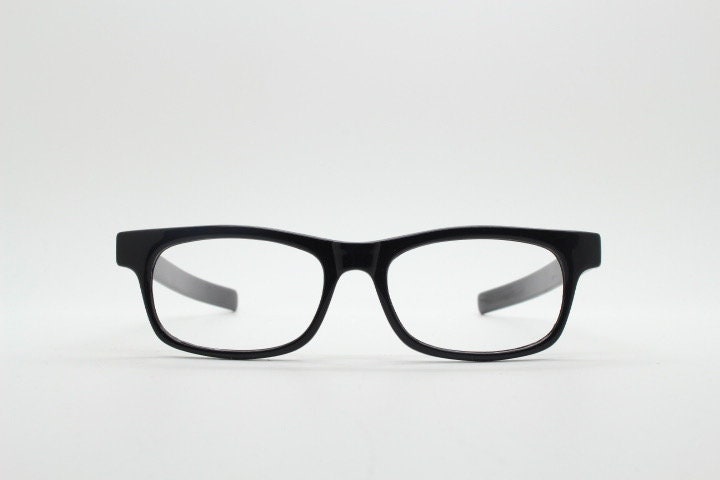 90s vintage black eye glasses. 60s design low profile rectangular straight arm optical frames. Prescription eyeglasses. RX Spectacles. NOS