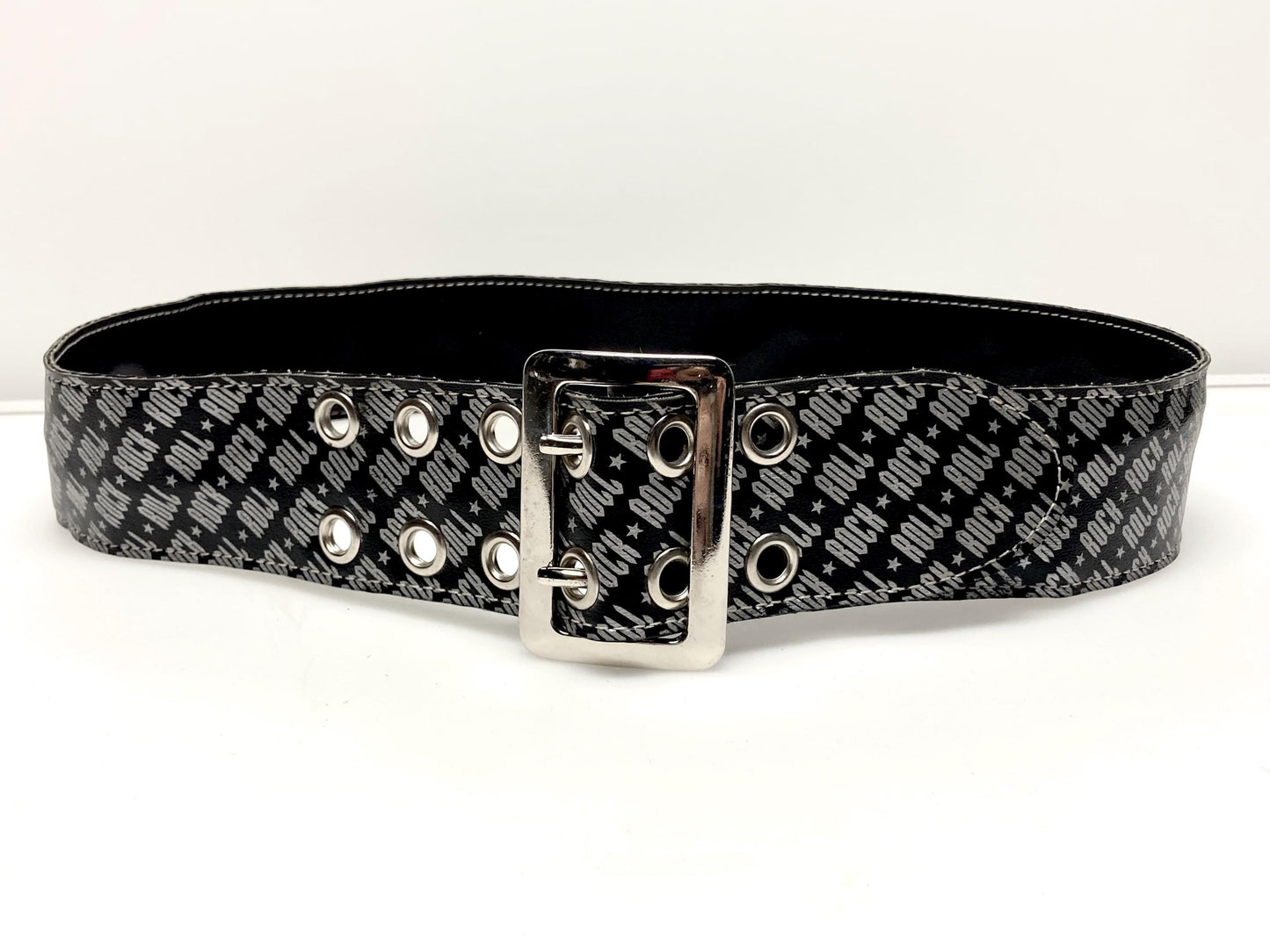 Paul Frank Y2K vintage mens big 'Rock n Roll' designer belt in black and silver. Made in the USA. 2000s NOS Mens large
