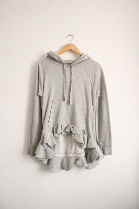 Valentino for Gap vintage Y2K pullover hoody. Grey cotton sweat top with cascading frilled edge and tail. 2000s designer collab