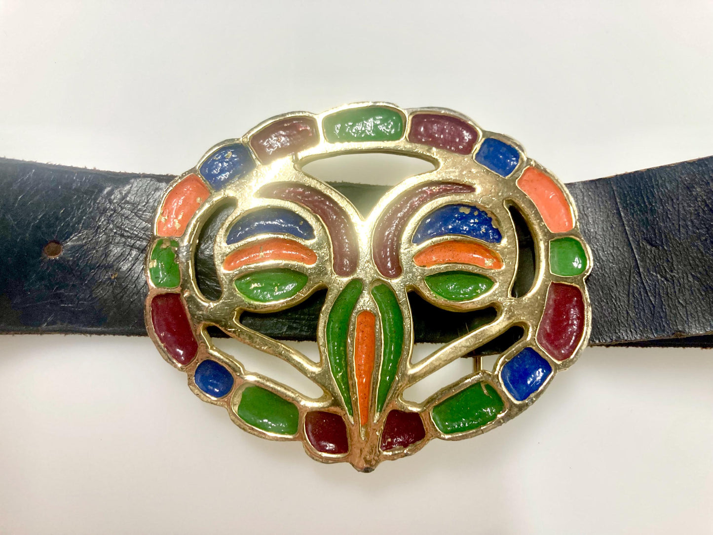 70s vintage womens dress or jeans belt with big round fancy buckle. Gold with multi colour indented patterns. Raw home made finish. NOS