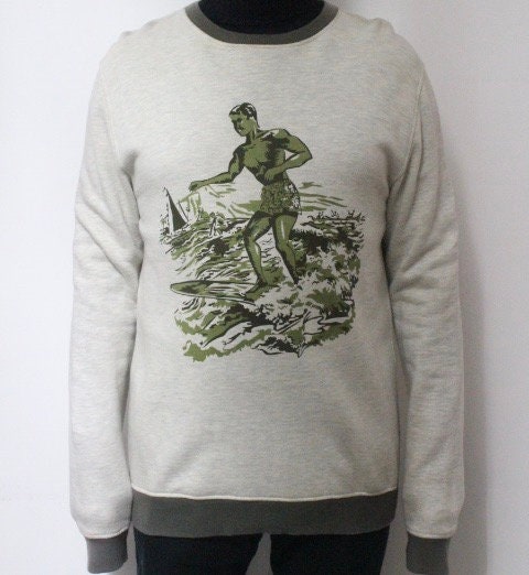 YMC slim fit ribbed collar crew neck sweatshirt with big surfer print. Round neck pullover. Mens medium jumper. Exclusive vintage sample