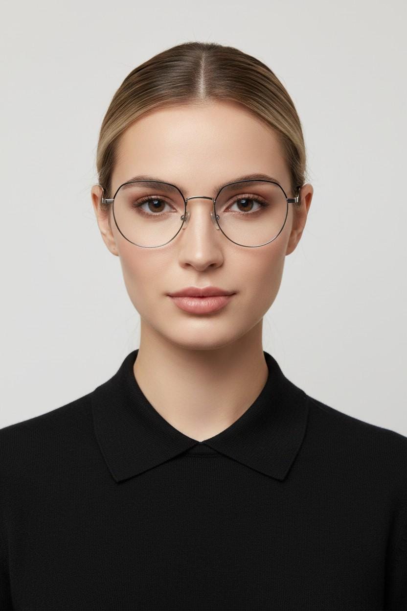 Bolon round panto flat top eye glasses model 7052. Slender silver metal optical frame with black brow. Prescription spectacles. Vintage RX