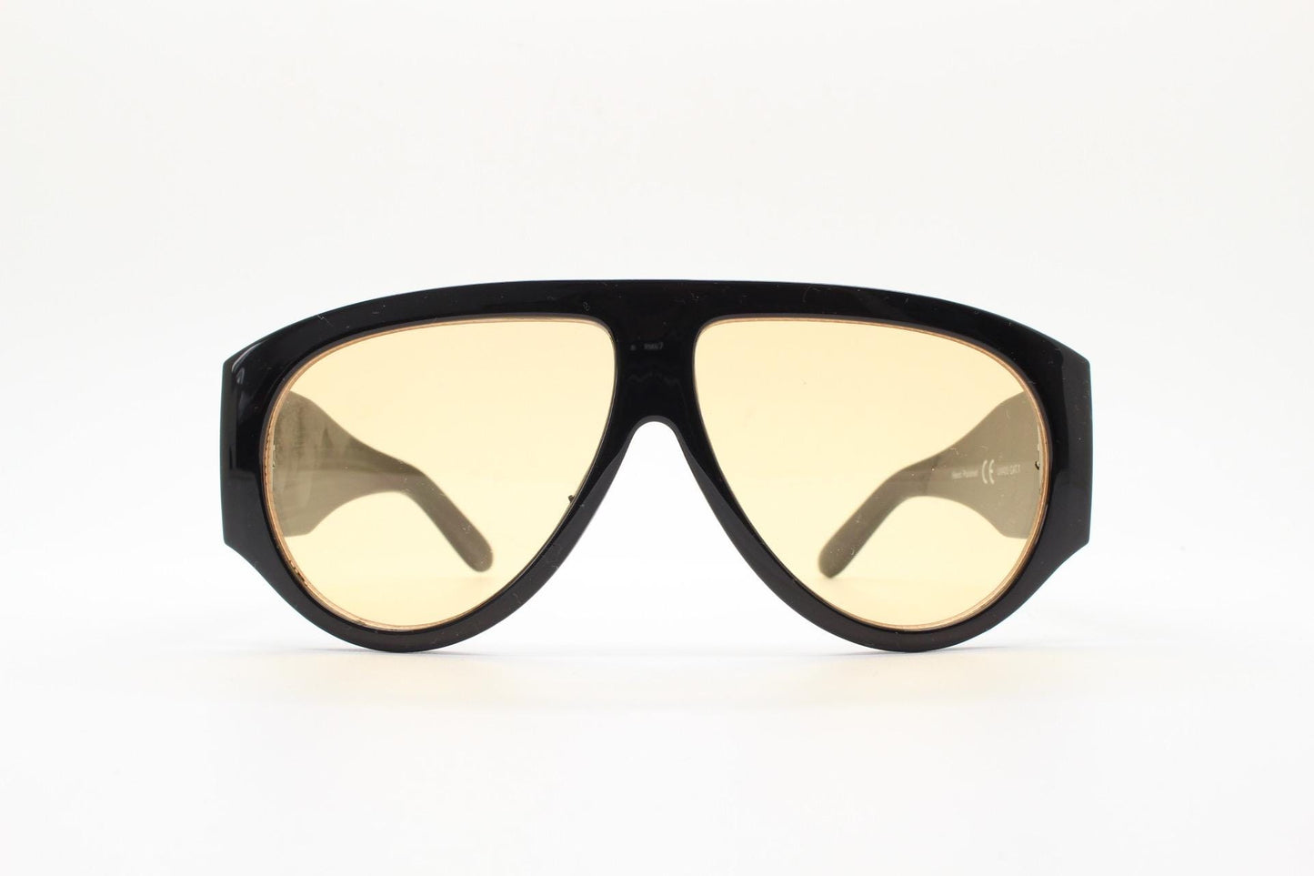 Vintage thick fat arm aviator sunglasses. Intense Black gloss frame with light tone brown lenses. Modified teardrop aviators. BNWT