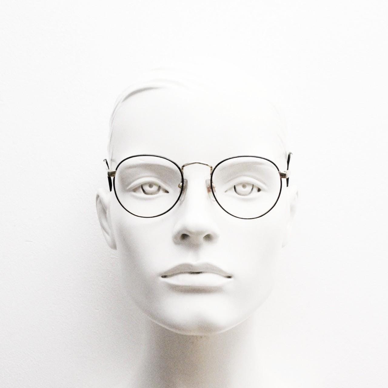 80s vintage round panto metal eye glasses. Minimal gold optical frame with sharp black front. Prescription eyeglasses. RX spectacles