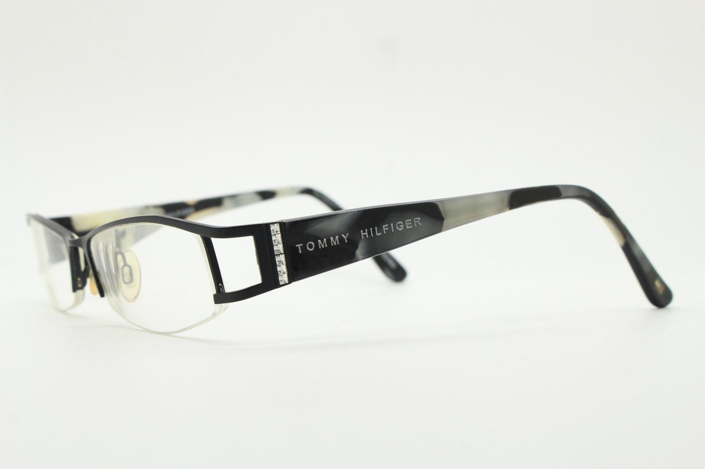 Tommy Hilfiger vintage eye glasses. Black and white marbled acetate optical frame with diamante. Prescription eyeglasses. RX spectacles. 90s