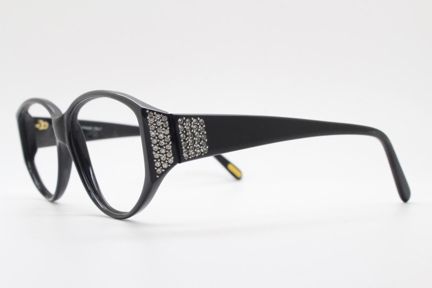 Versace modified cropped cat eye glasses made in Italy. Black gloss acetate optical frames with dramatic diamante. Prescription. Vintage NOS