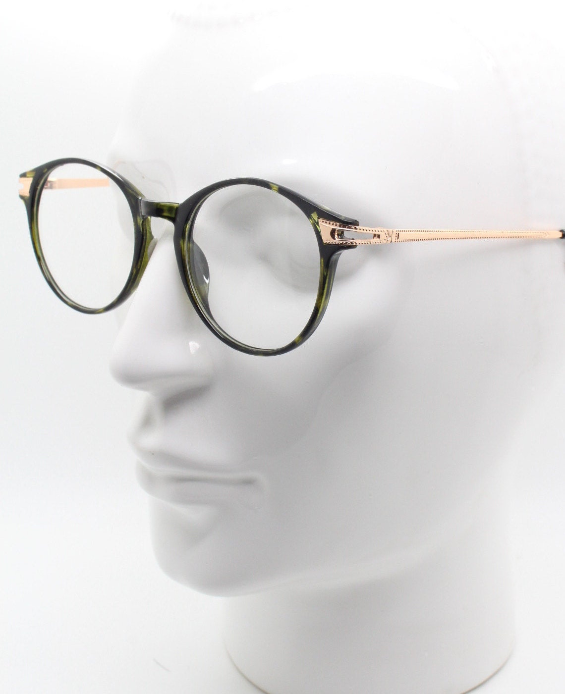 90s vintage round glasses with tortoise front and gold embossed arms. 40s, 50s style prescription optical frames. Clear lens eyeglasses. RX