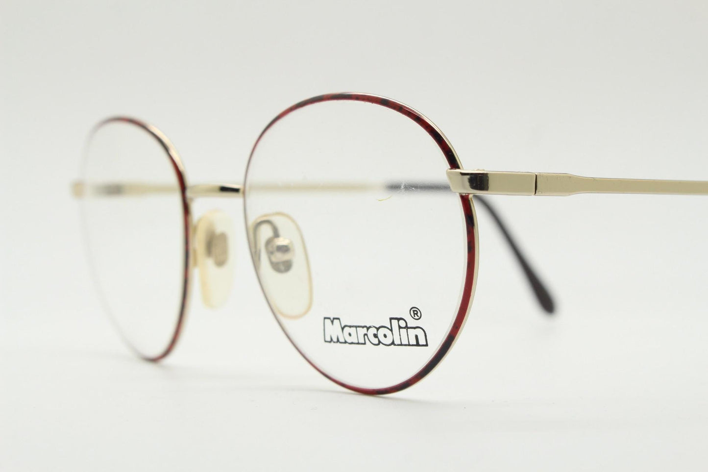 Marcolin 90s vintage round metal eye glasses made in Italy. Panto shape optical frames with attractive red and black front. Prescription RX