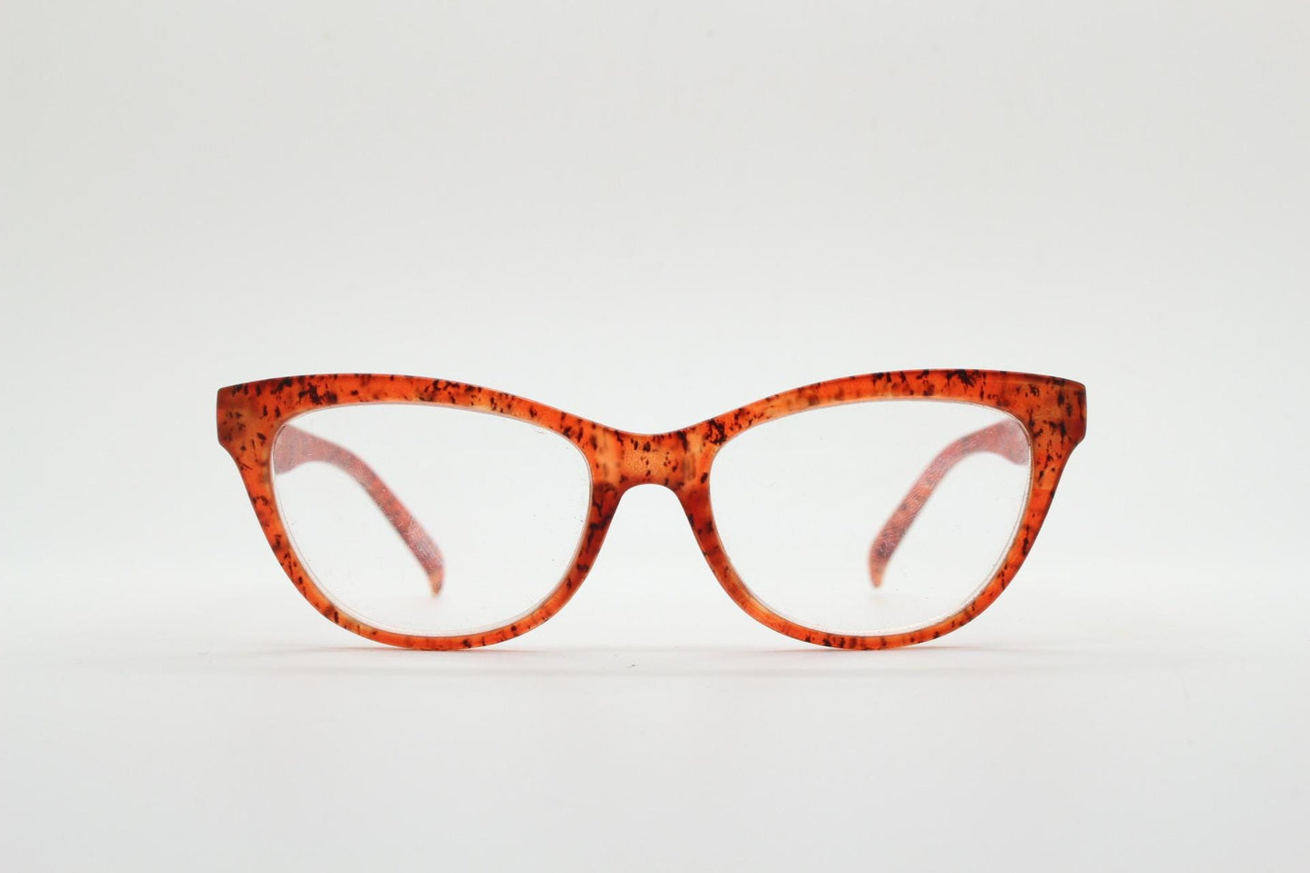 Y2K Vintage cat eye glasses. Transparent frosted cateye optical frames in speckled orange tiger pattern. Prescription. RX Spectacles