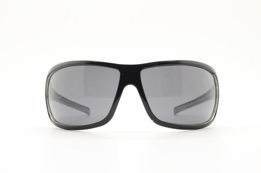 Y2k vintage wrap around large square sunglasses. Curved black shield frame with tasteful striped interior. 1960s bug eye design. 2000's NOS
