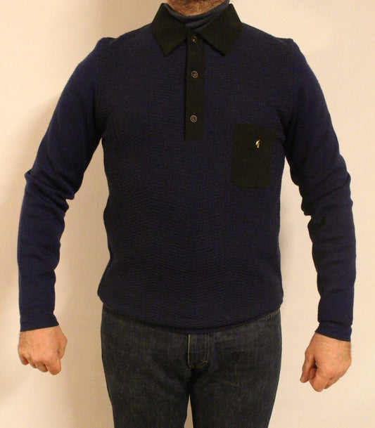 Gabicci vintage knit jumper Norman Jay series. Mens navy sweater with black suedette patch pocket and collar. NOS size M 70s design pullover