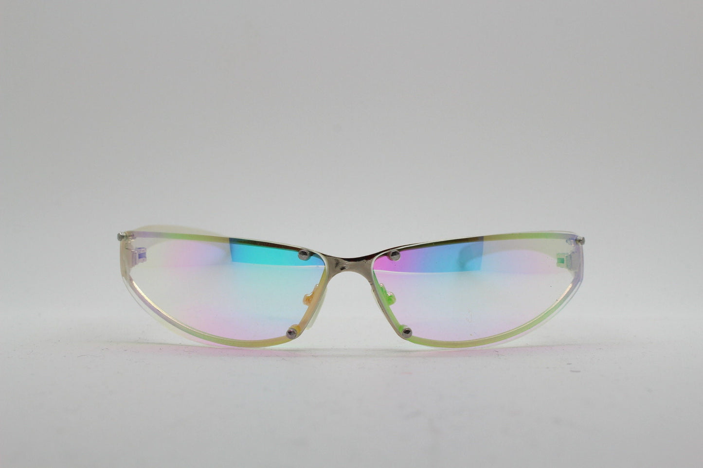 Y2K vintage wraparound sunglasses. Minimal chrome frame with light tone curved gold colour burst mirror lenses. 2000's. 90s. NOS