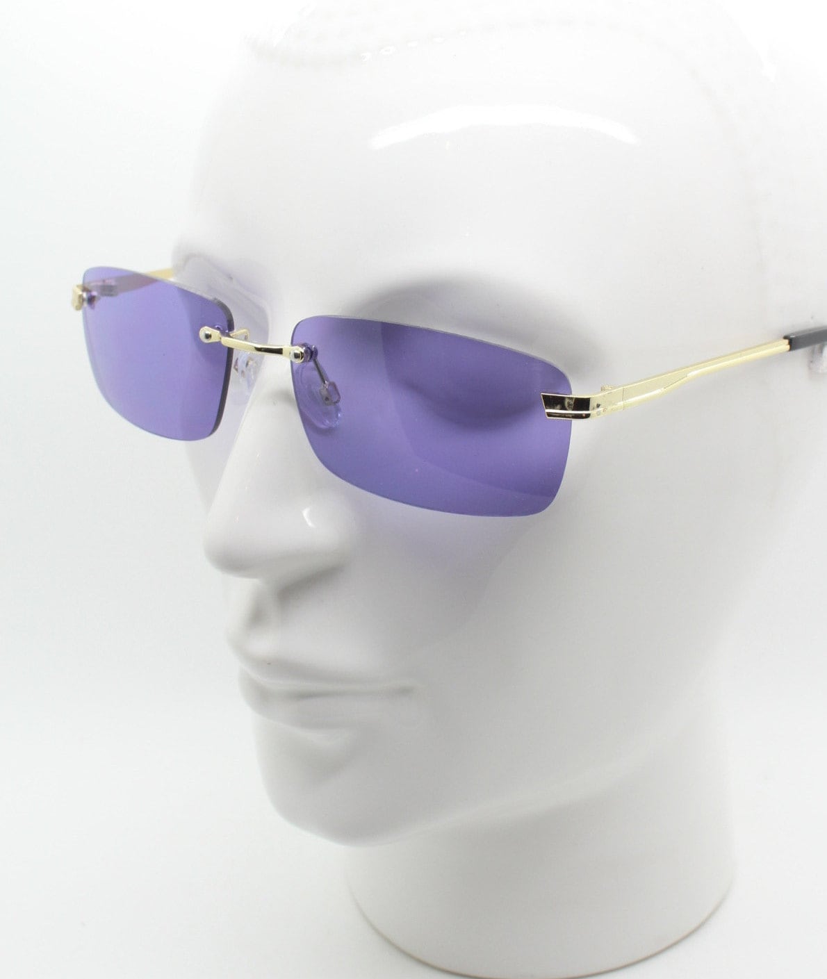 Y2K vintage frameless purple sunglasses. Rectangular lenses with gold bridge and arms. 2000s club kids. 00's. 90s Rave