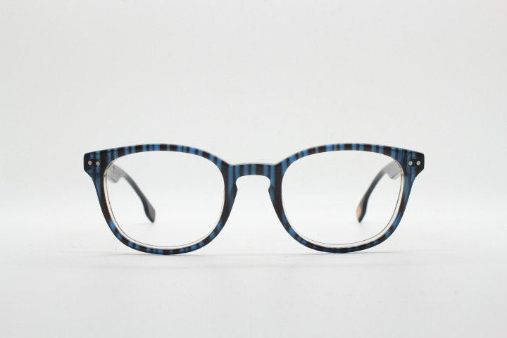 Boss Orange vintage wayfarer shape eye glasses. Black and navy striped optical frames with keyhole bridge. Prescription eyeglasses. RX  Hugo