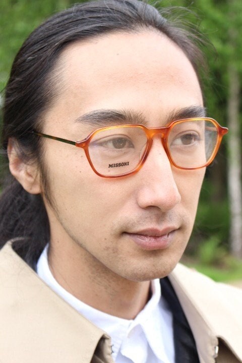 Missoni 90s vintage square hexagon eye glasses made in Italy. Transparent brown optical frames with enamel tiger arms. Prescription RX NOS