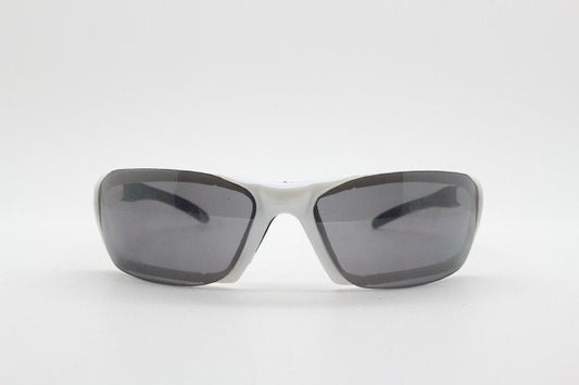 Y2K vintage visor sunglasses. Black and white superhero style sport shield with curved black lenses. Aerodynamic wrap around. NOS rave