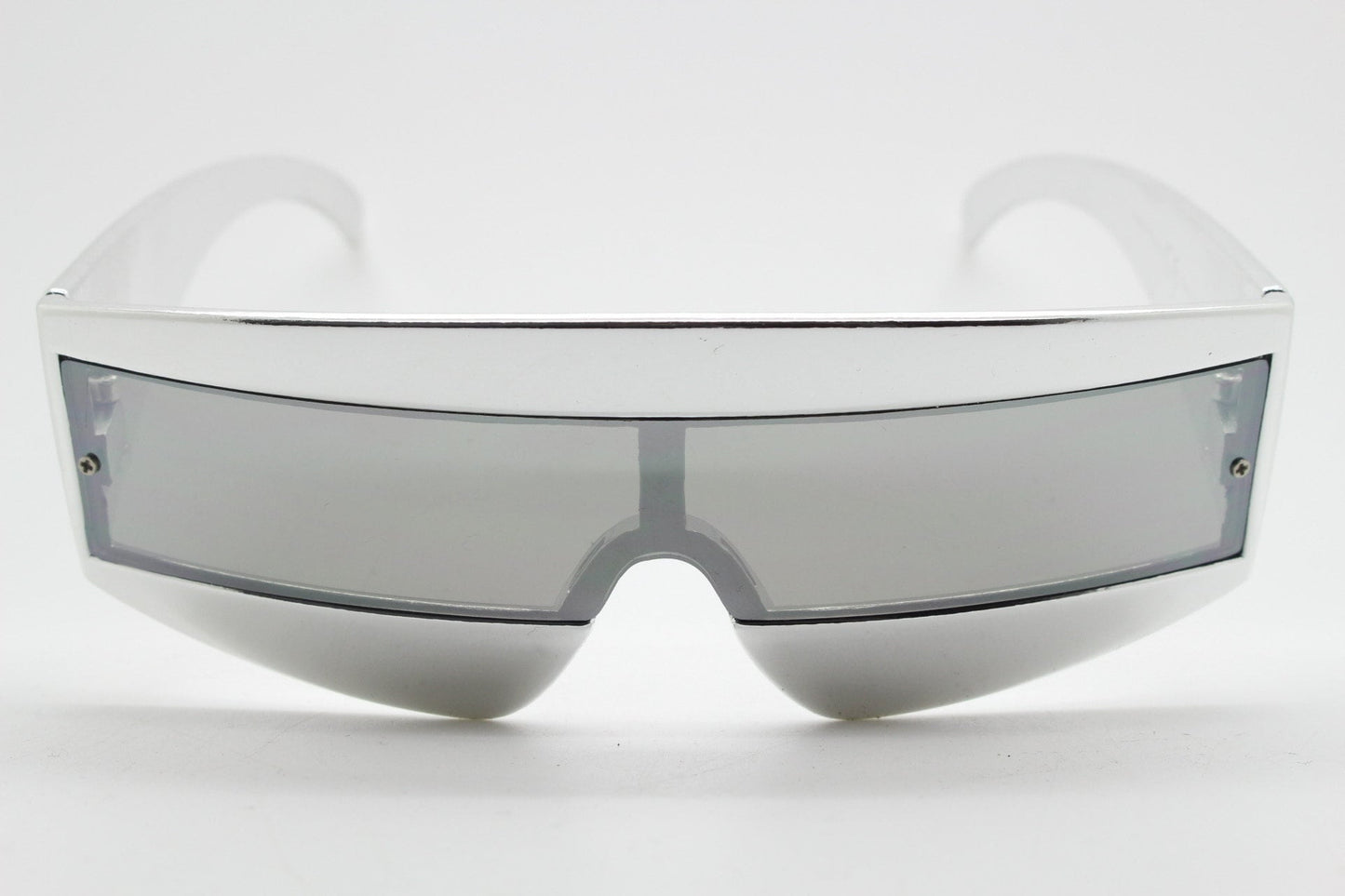 Y2K vintage square visor sunglasses. All silver 80s style robot shield design mirror mono lens with full height arms. 2000s mask. NOS BNWT