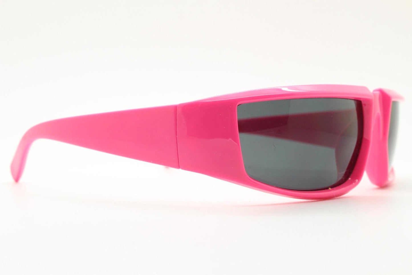 Y2k vintage 2 tone sunglasses. Shocking pink flat top shield style wrap around frame with black lenses. Fluorescent. Dayglo robot visor. NOS