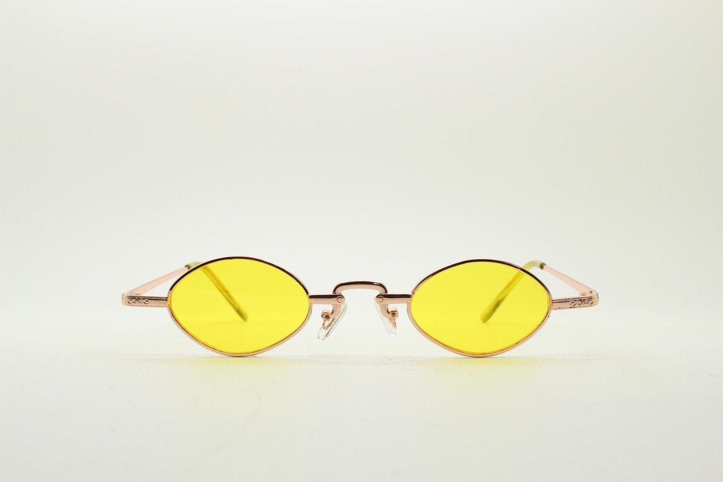 90s vintage small oval sunglasses. Imposing minimal rose gold metal victorian style frame with yellow lenses. Steampunk. BNWT