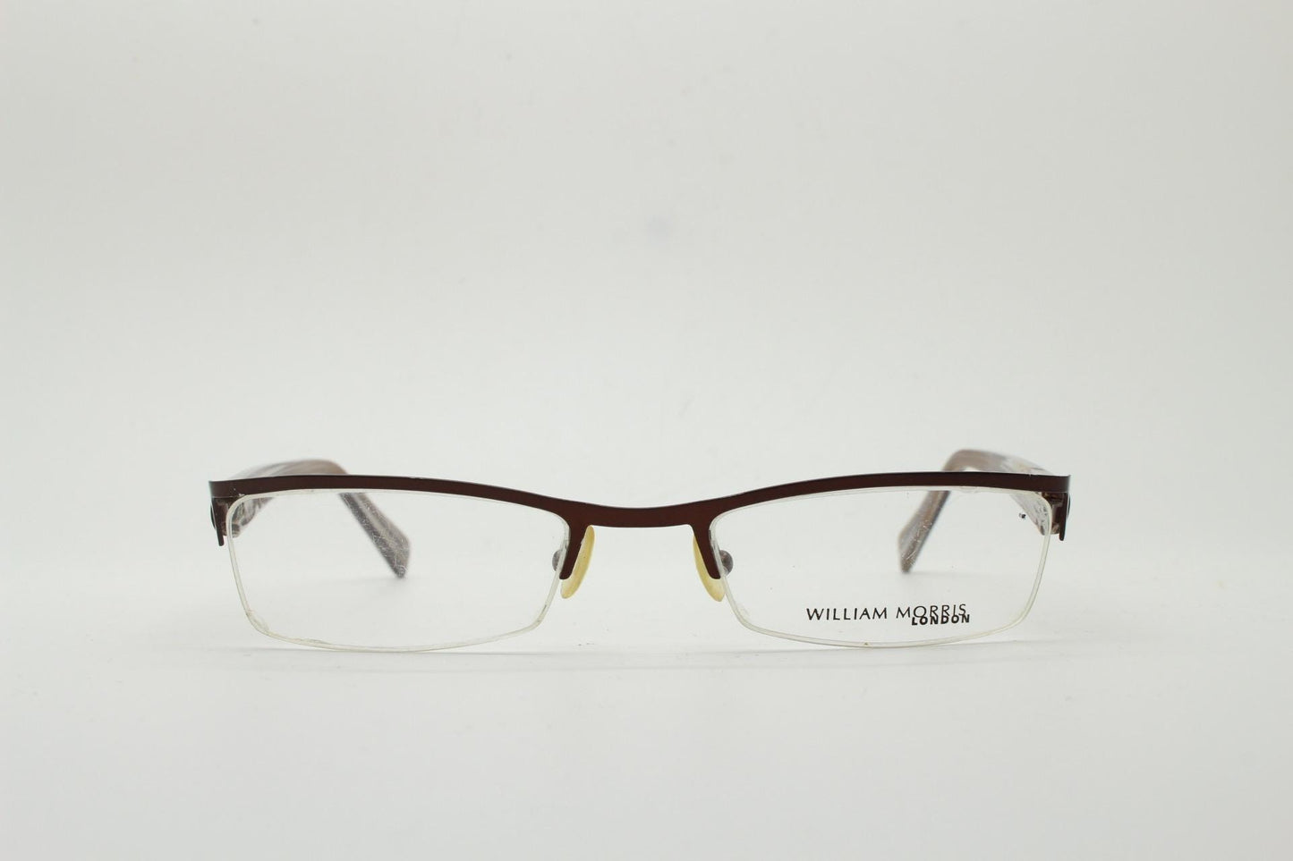 William Morris vintage rectangular eye glasses. Brown metallic brow line half frame with layered acetate arms. Prescription optical RX. NOS